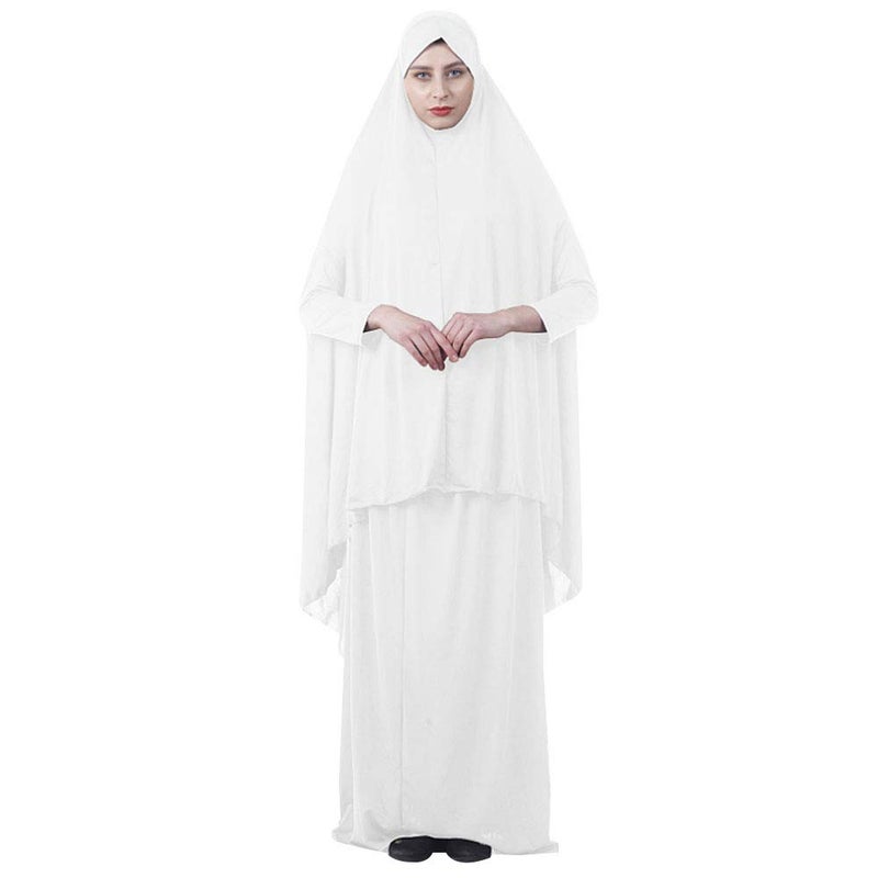 Queena Women's Muslim Two-piece Prayer Hijab Full Length Islamic Abaya Sets Hajj Umrah Scarf Dress, White, Medium